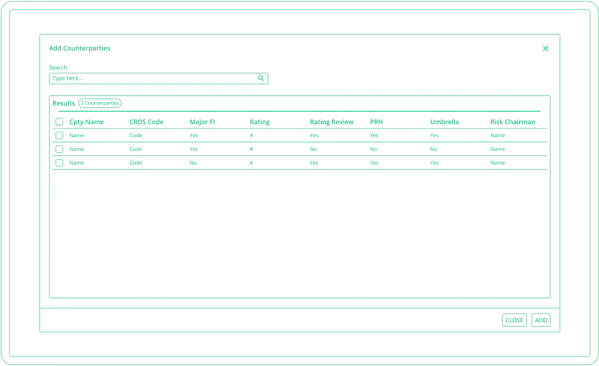 Wireframe de la pantalla para añadir contrapartes