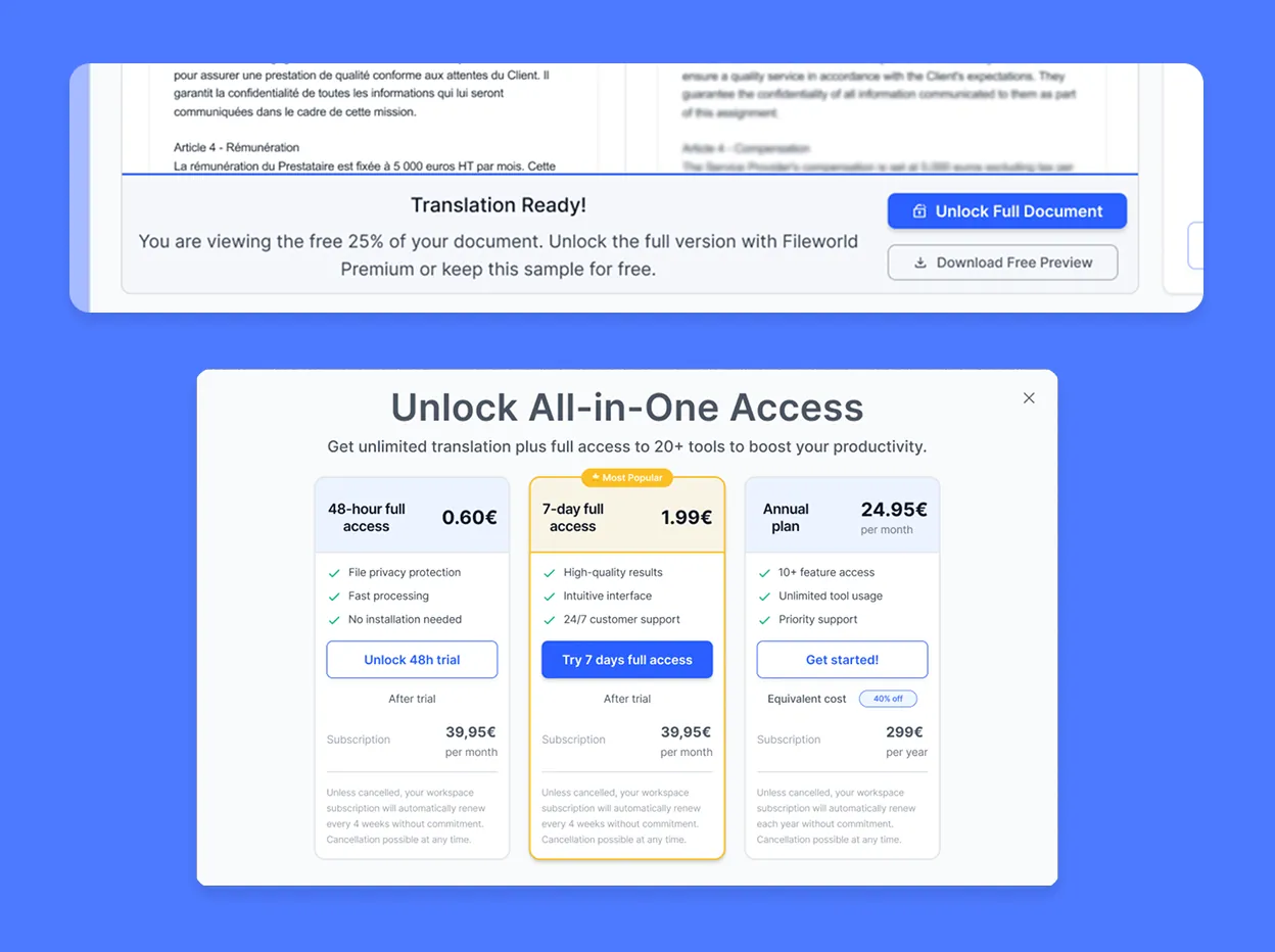 Vista previa freemium con un paywall que desbloquea toda la suite