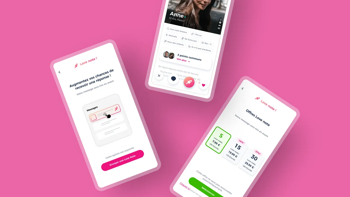 Écrans Meetic Love Note sur smartphones