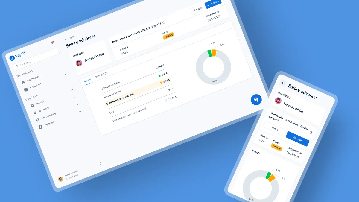 Écrans de l’acompte sur salaire PayFit pour admins et salariés